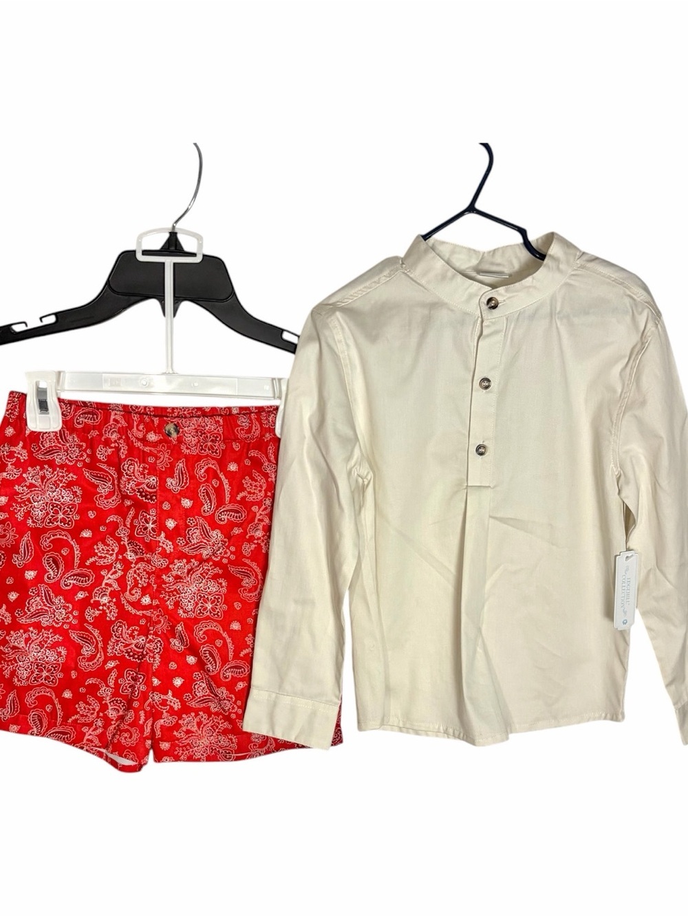 NEW Edgehill Collection Boy 2-Pc Outfit Set Size 7 Beige Shirt Red Paisley Short